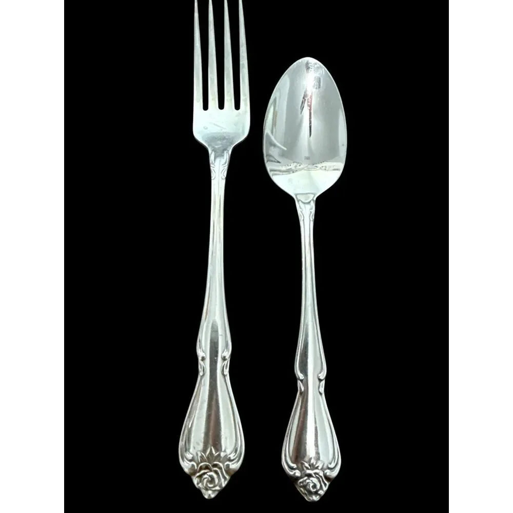 Oneida Rogers Stainless Steel‎ Rose Pattern Vintage Fork Spoon Set Flatware
